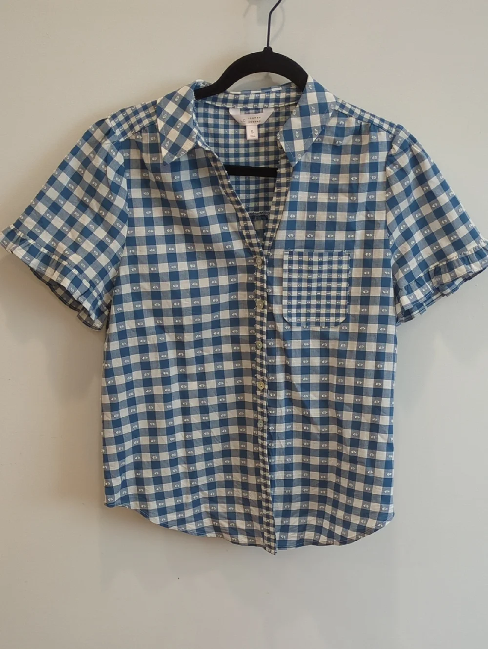 Cottage Coastal Western Lauren Conrad Blue White Gingham Ruffle Sleeve Top (S) - Picture 1 of 7